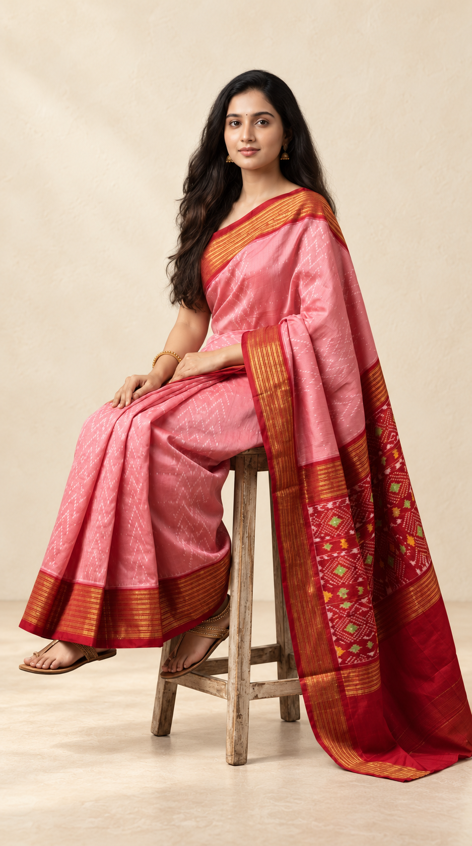 Blush_Pink_and_Red_Pochampally_Ikkat_Pure_Silk_Saree