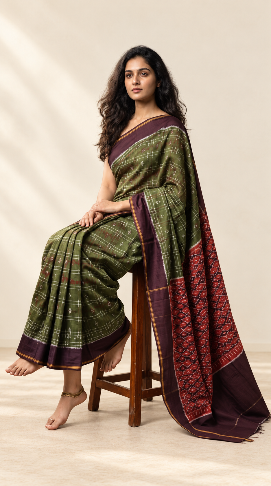 Olive_Green_and_Maroon_Pochampally_Ikkat_Pure_Silk_Saree