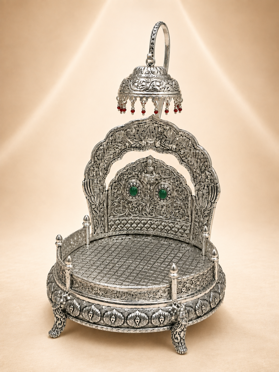 Antique Silver Peacock Mandiram (Singhasan) with Umbrella Canopy