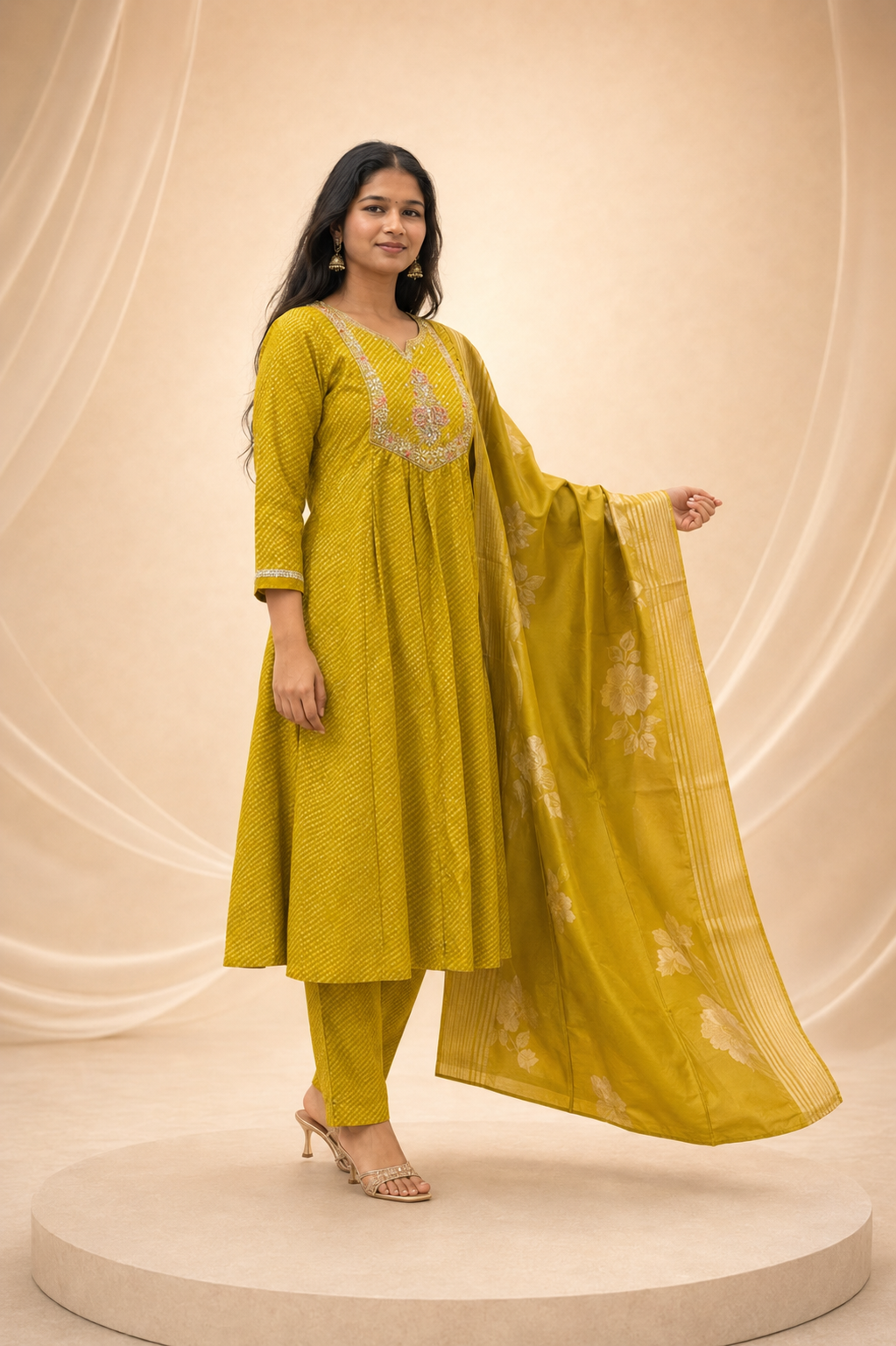 Golden Olive Embroidered 3-Piece Anarkali Set