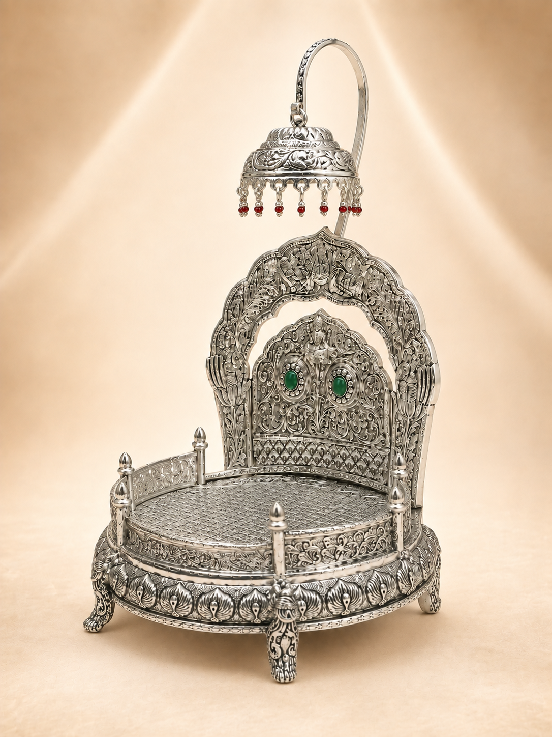 Antique Silver Peacock Mandiram (Singhasan) with Umbrella Canopy
