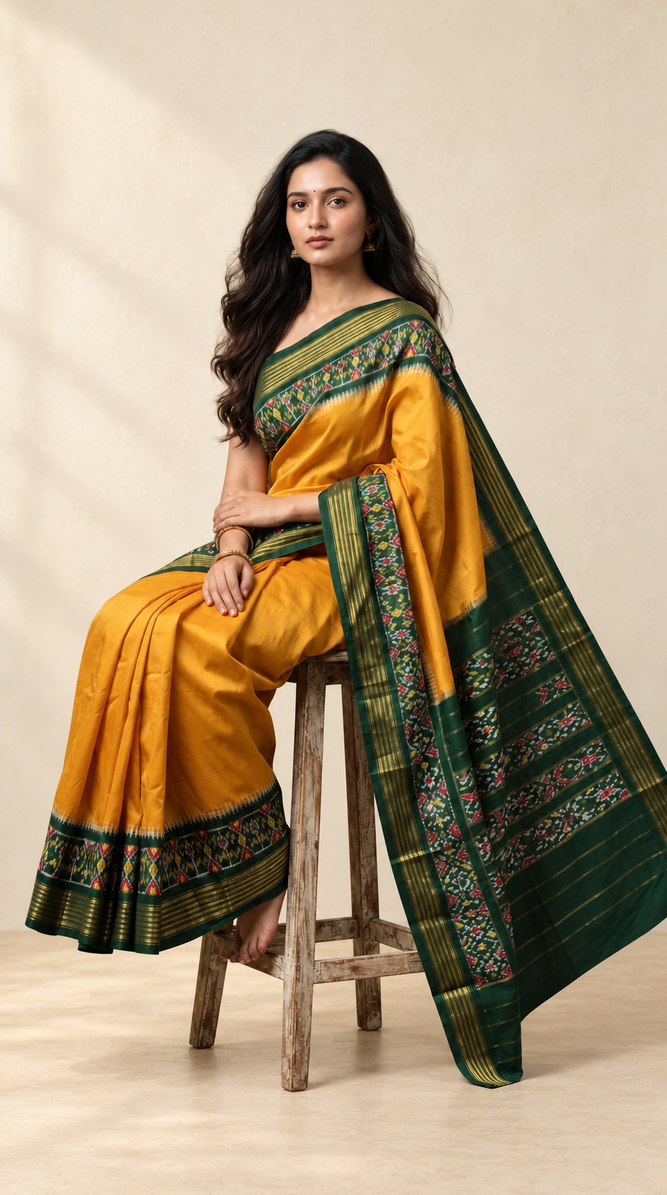Mustard_Yellow_and_Forest_Green_Pochampally_Ikkat_Pure_Silk_Saree