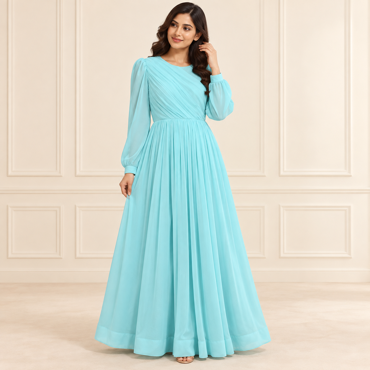 Elegant Aqua Pleated Maxi Dress