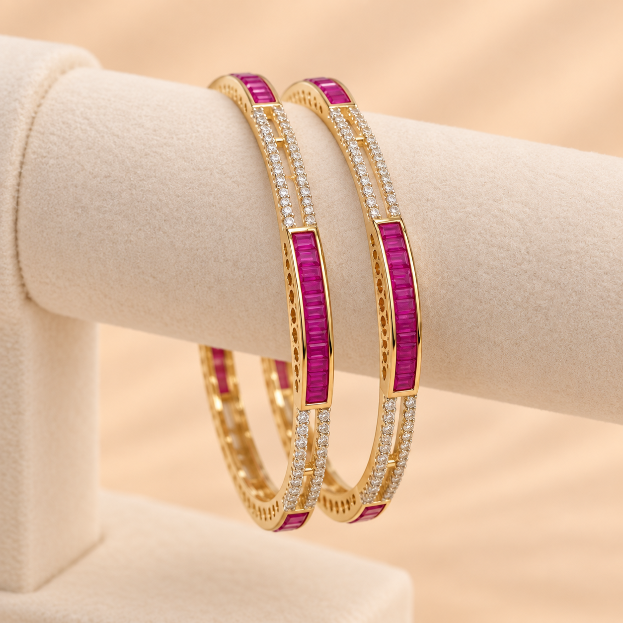 Ruby and White Stone Bangle Pair