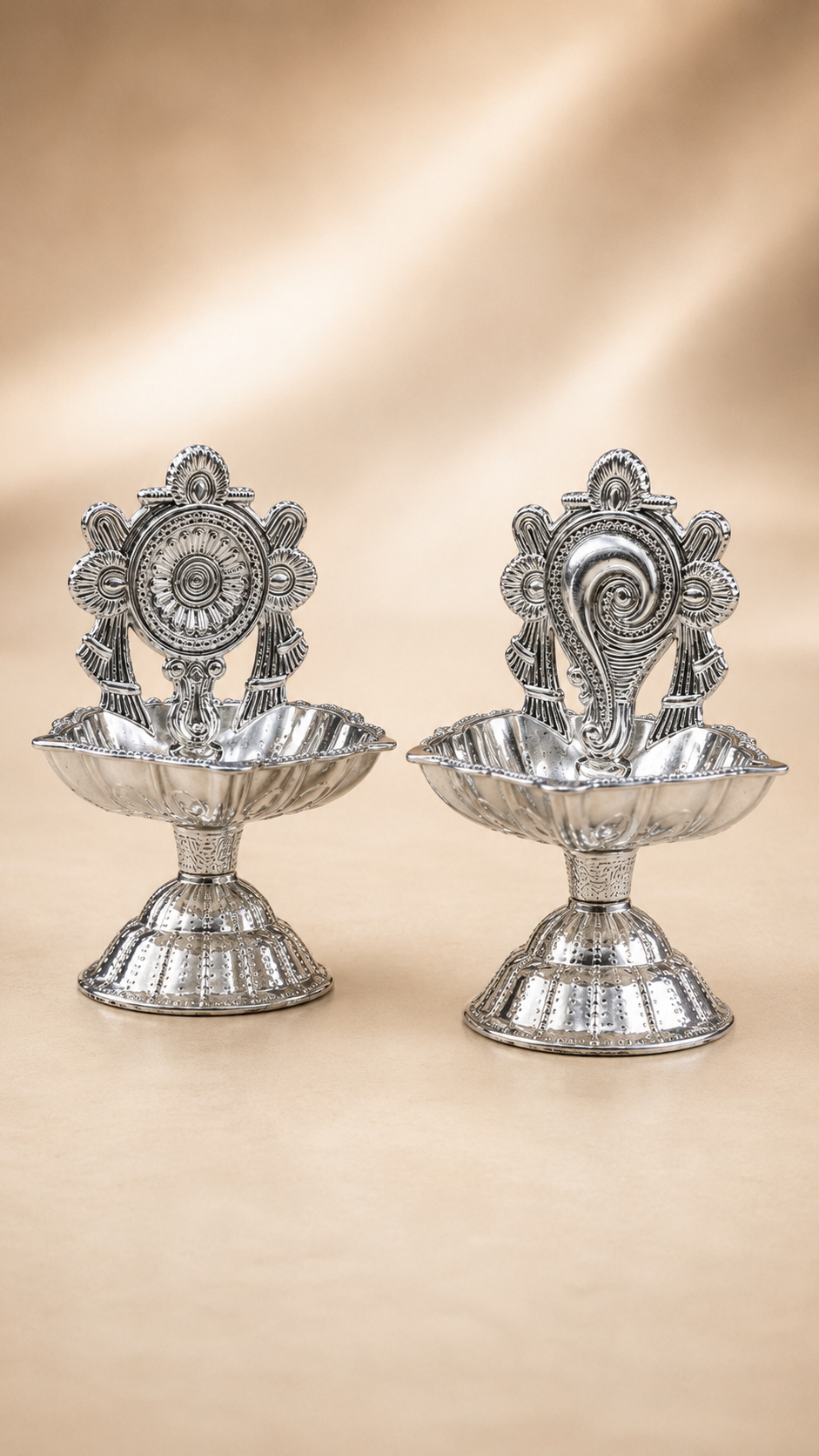 German Silver Shanku Chakra Diya Pair