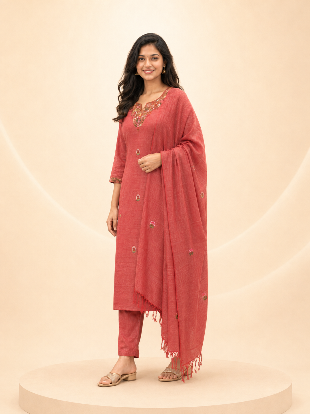 Dusty Coral Floral Embroidered 3-Piece Suit Set