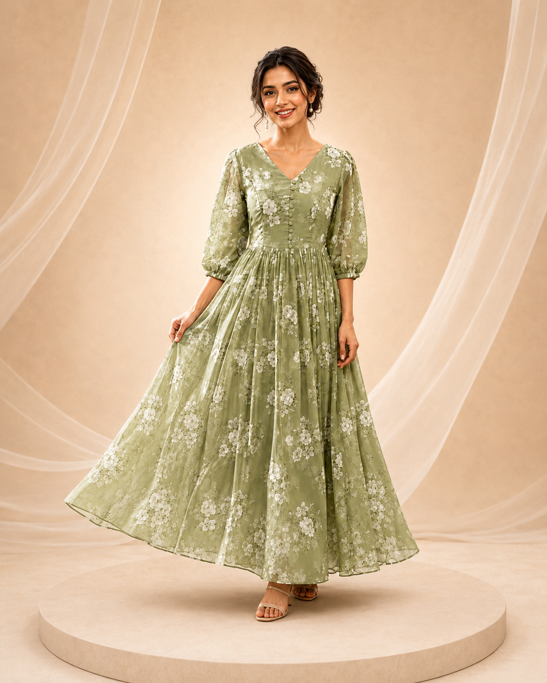 Sage-Green Embroidered Frock