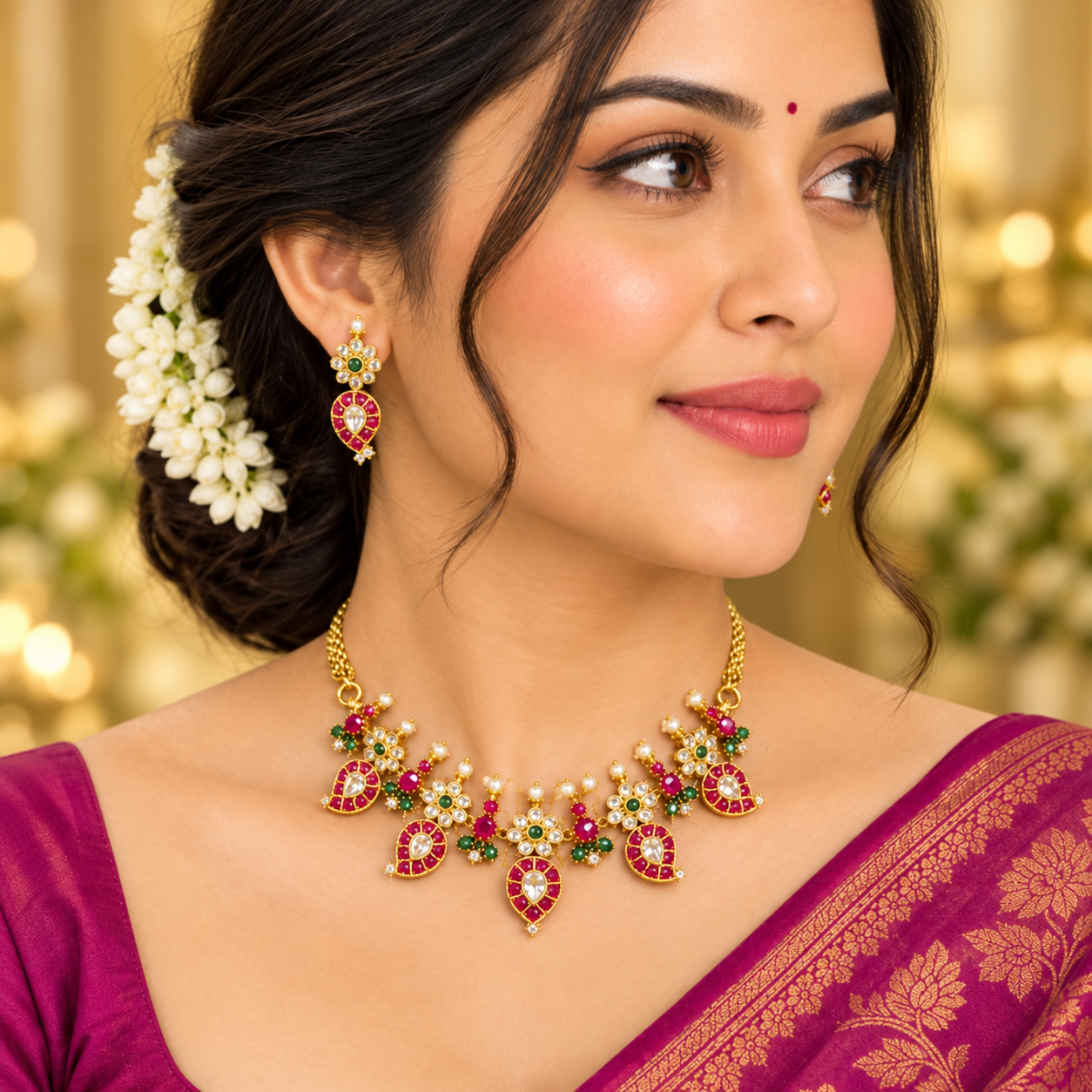 Traditional Ruby and Green stone necklace set