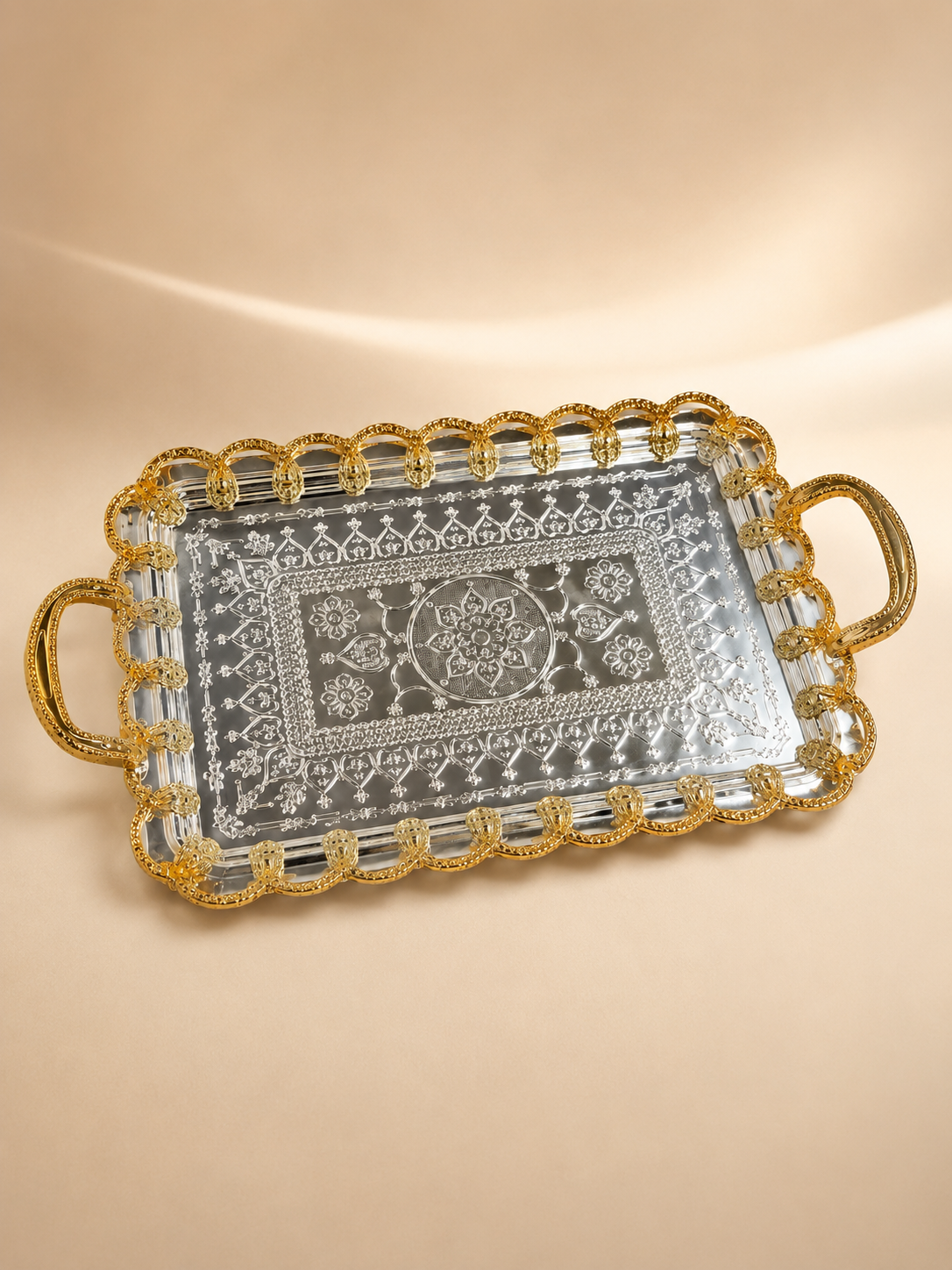 20 Inch Wedding Tray - German Silver with Gold-Tone Handles