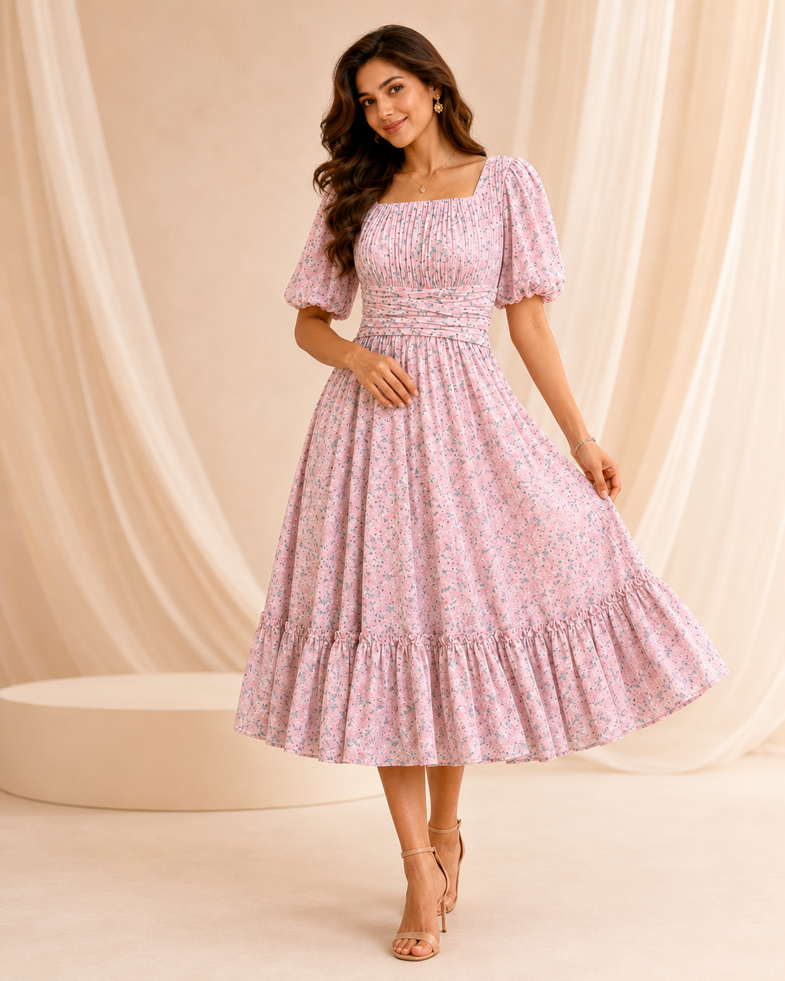 Blush Bloom Floral Ruched Midi Frock
