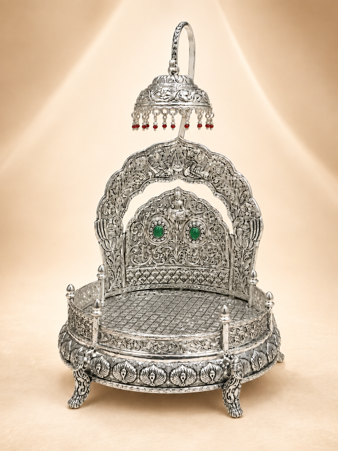 Antique Silver Peacock Mandiram (Singhasan) with Umbrella Canopy