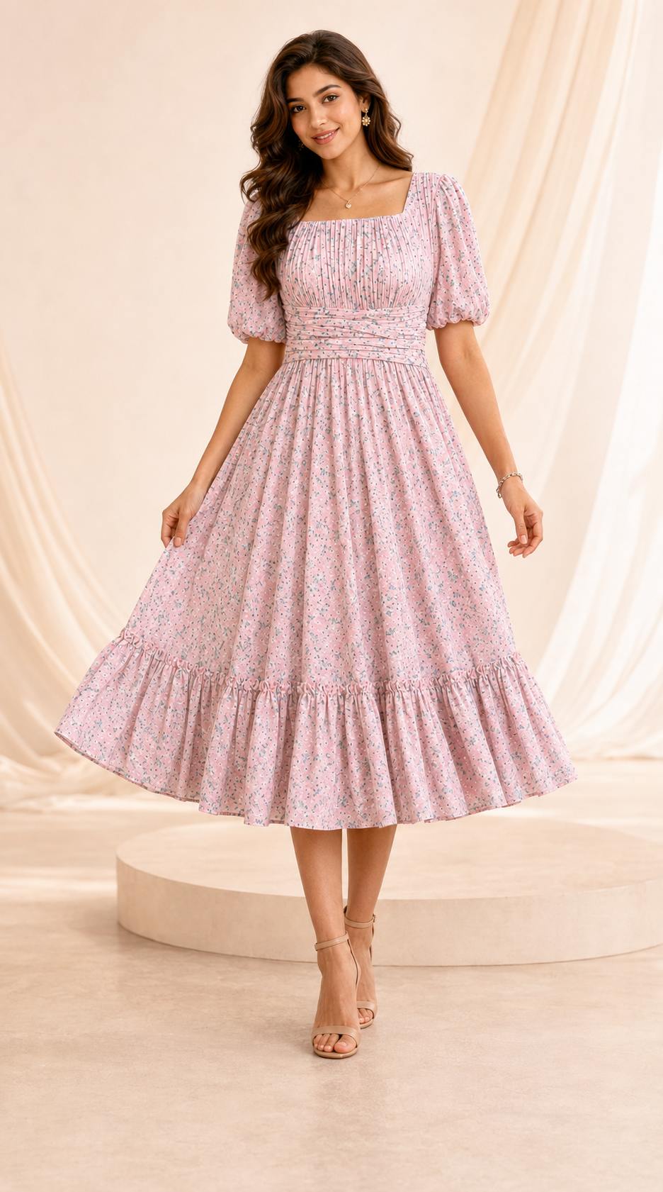 Blush Bloom Floral Ruched Midi Frock