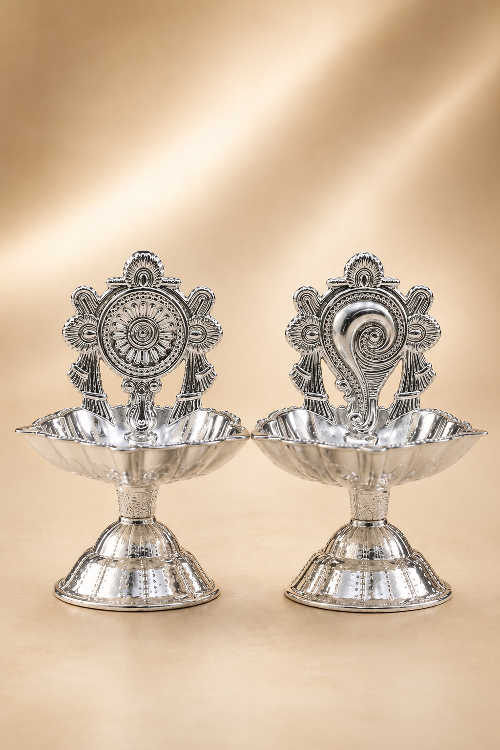 German Silver Shanku Chakra Diya Pair