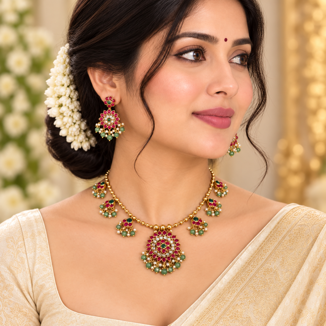 Traditional Floral Charm Gold Necklace Set