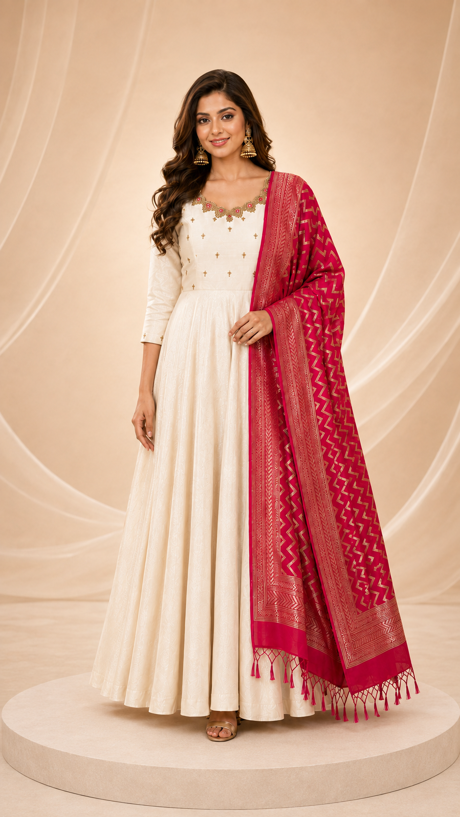 Ivory grace with pink dupatta