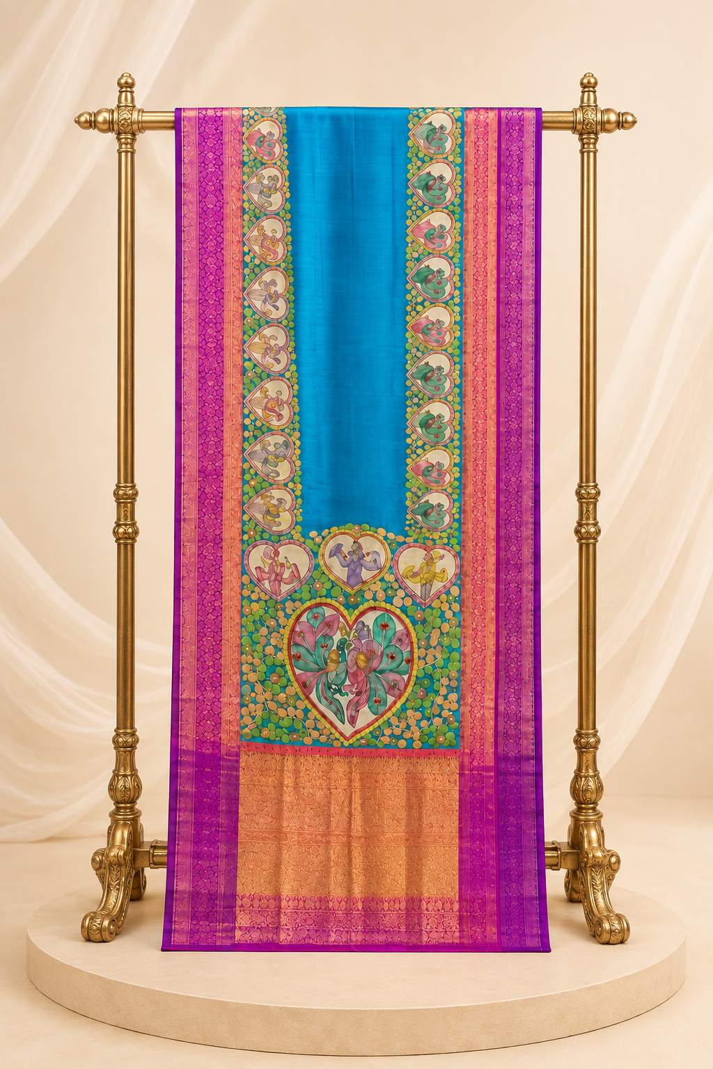 Peacock Blue Kalamkari Art Kanchi Pattu Saree