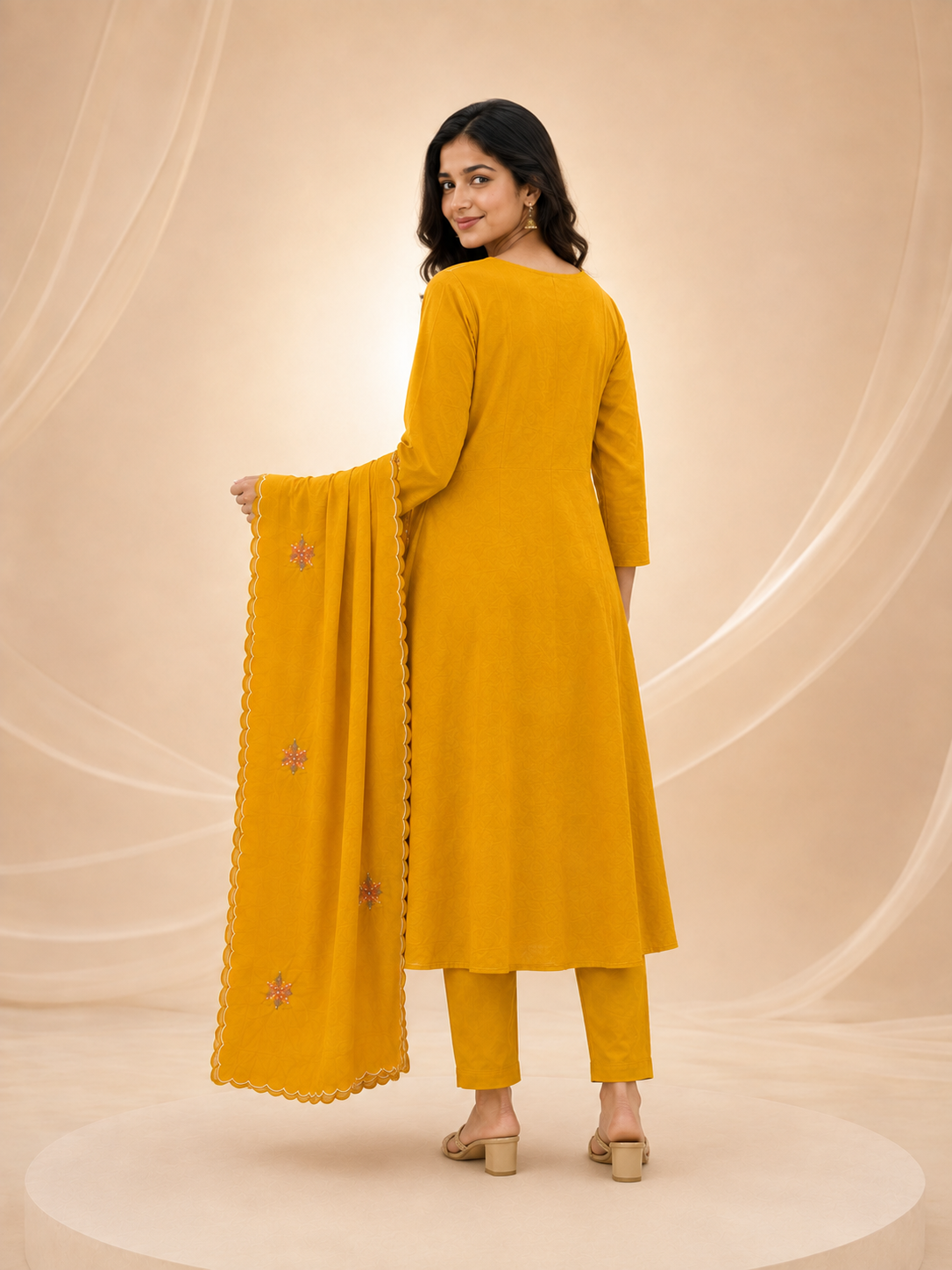 Sunshine Yellow Pintuck & Floral Embroidered 3-Piece Silk Suit Set