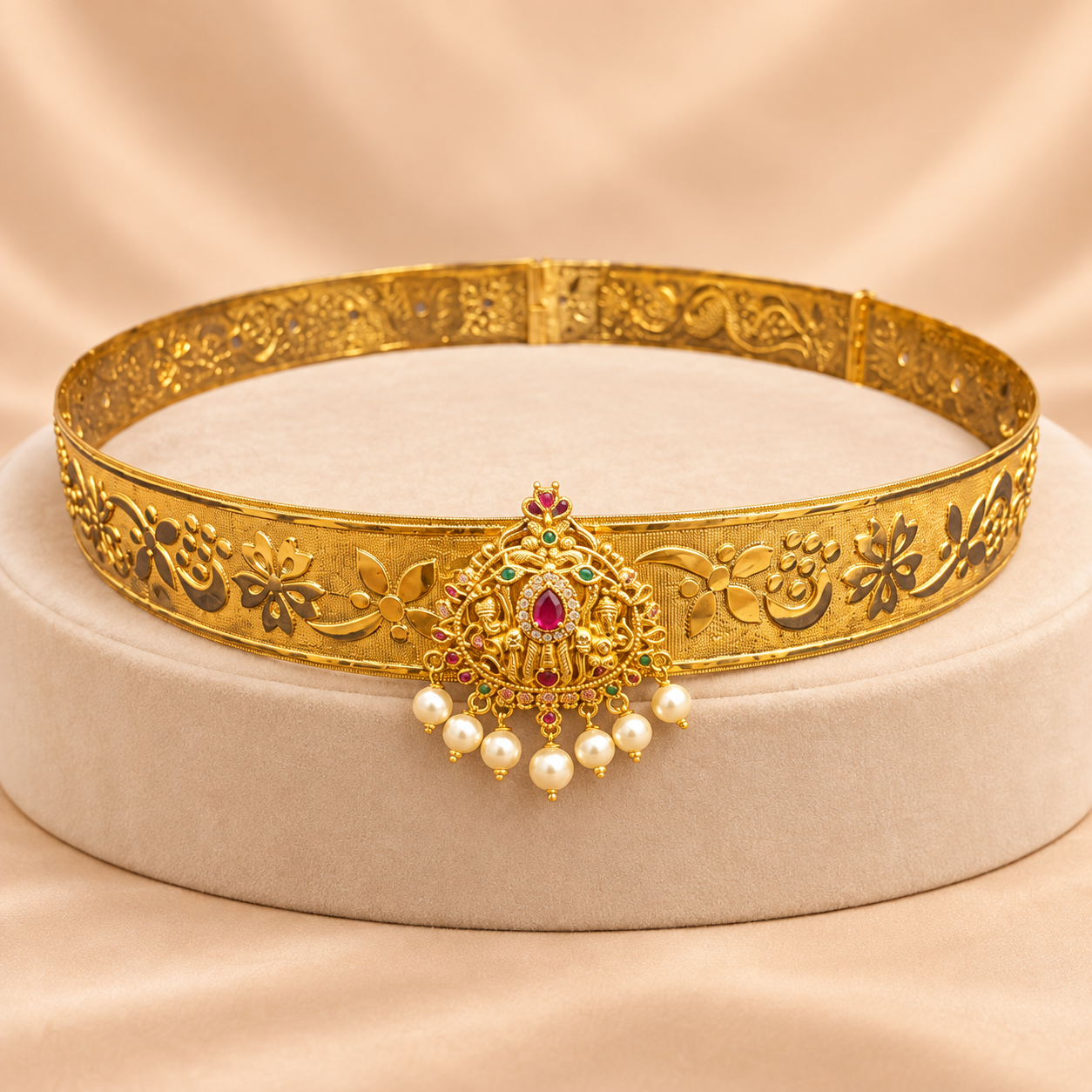 Engraved Gold Vaddanam with Pearl Drops