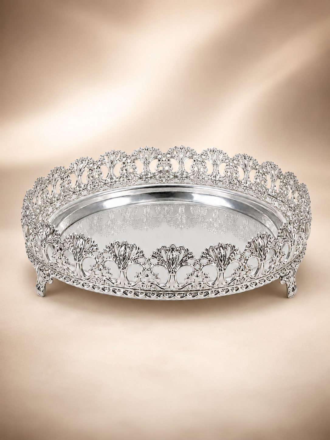 Crown Tray - German Silver Footed Tray with Ornate Gallery Border