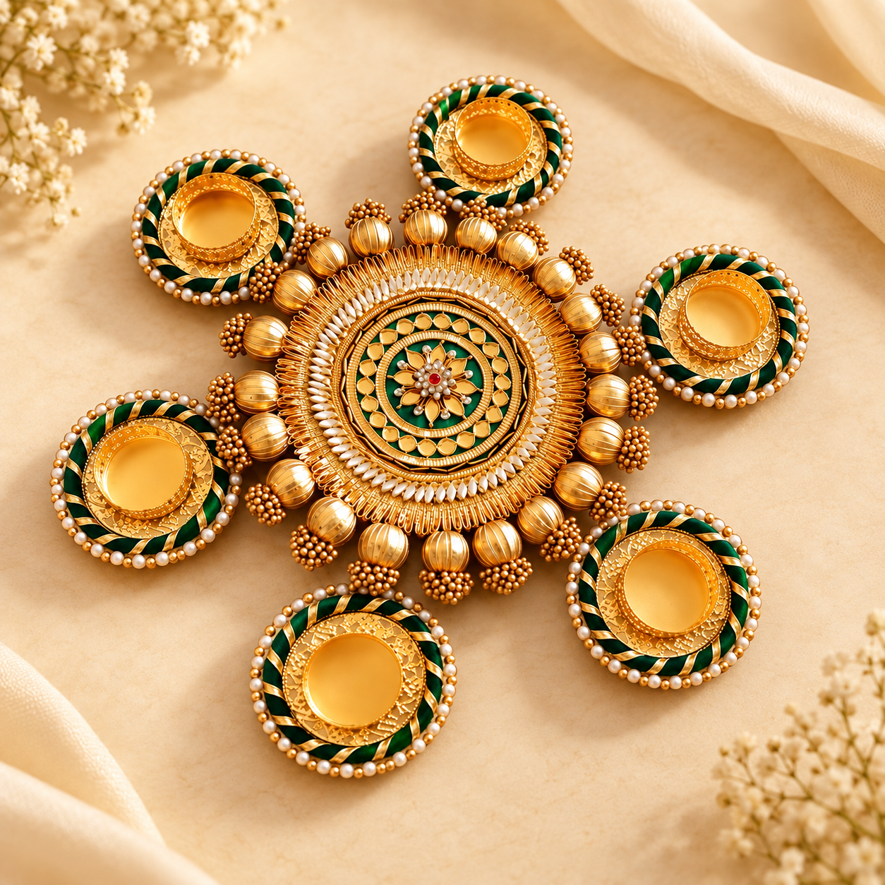 Green & Gold Decorative Tealight Holder Set