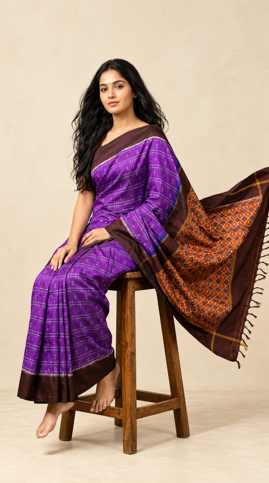 Violet & Rust Pochampally Ikkat Pure Silk Saree