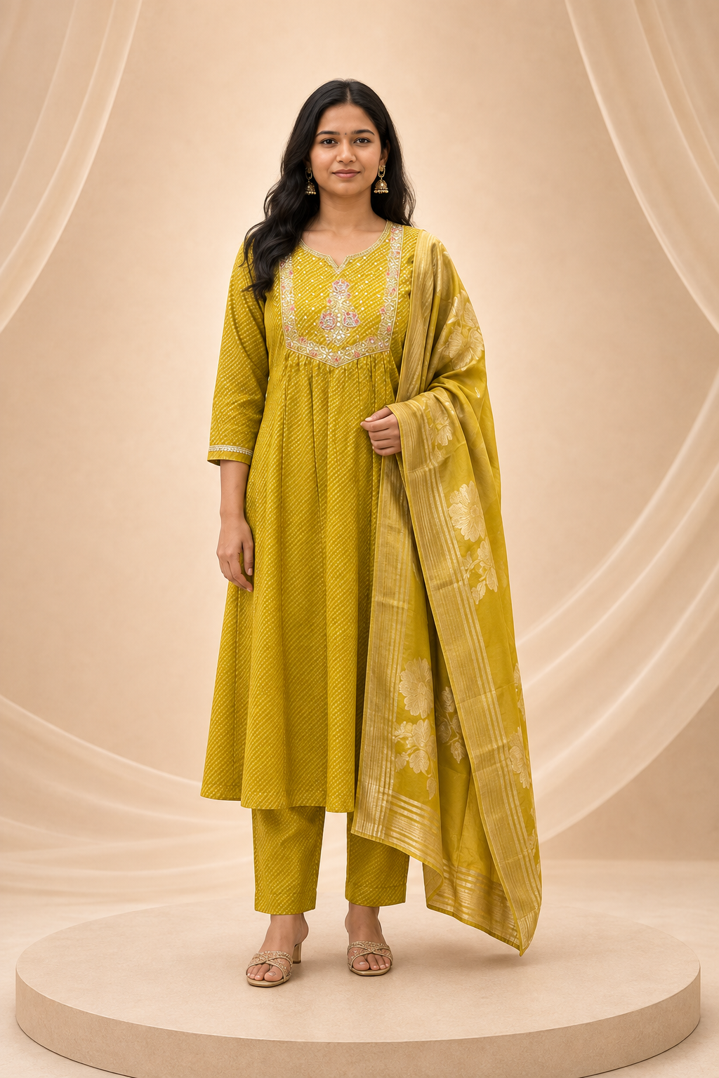 Golden Olive Embroidered 3-Piece Anarkali Set