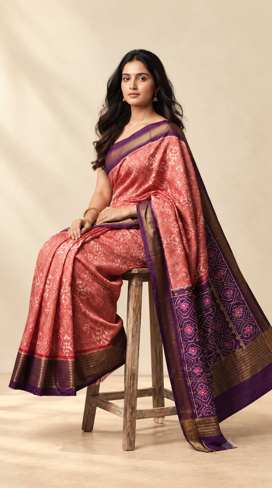 Peach_and_Purple_Pochampally_Ikkat_Pure_Silk_Saree