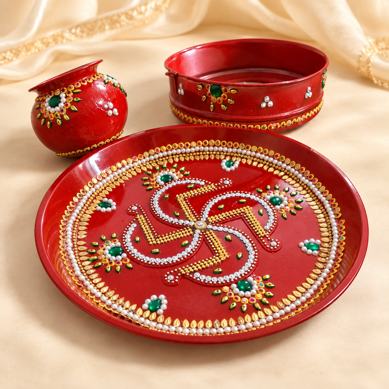Red Decorative Pooja Thali Set
