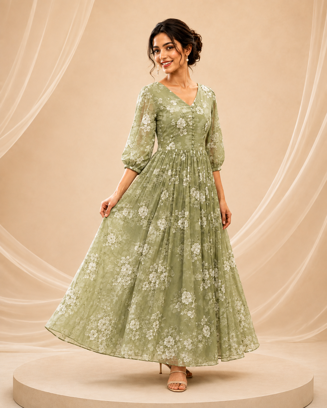 Sage-Green Embroidered Frock