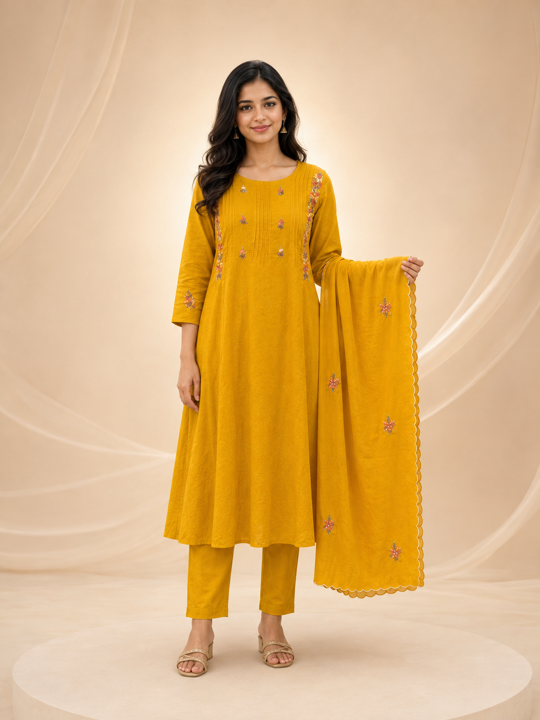 Sunshine Yellow Pintuck & Floral Embroidered 3-Piece Silk Suit Set