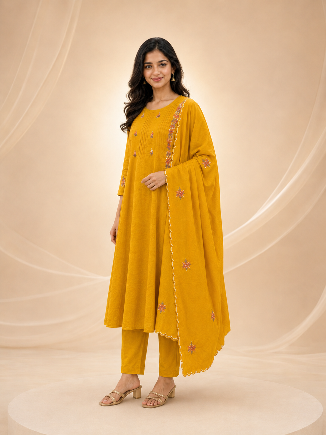 Sunshine Yellow Pintuck & Floral Embroidered 3-Piece Silk Suit Set