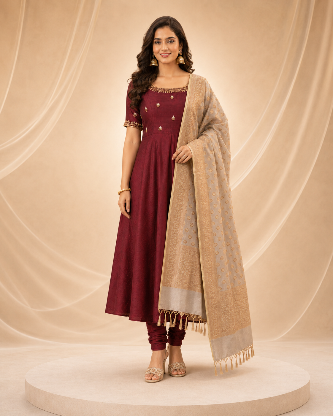 Wine Maroon Anarkali with Beige Gold Dupatta