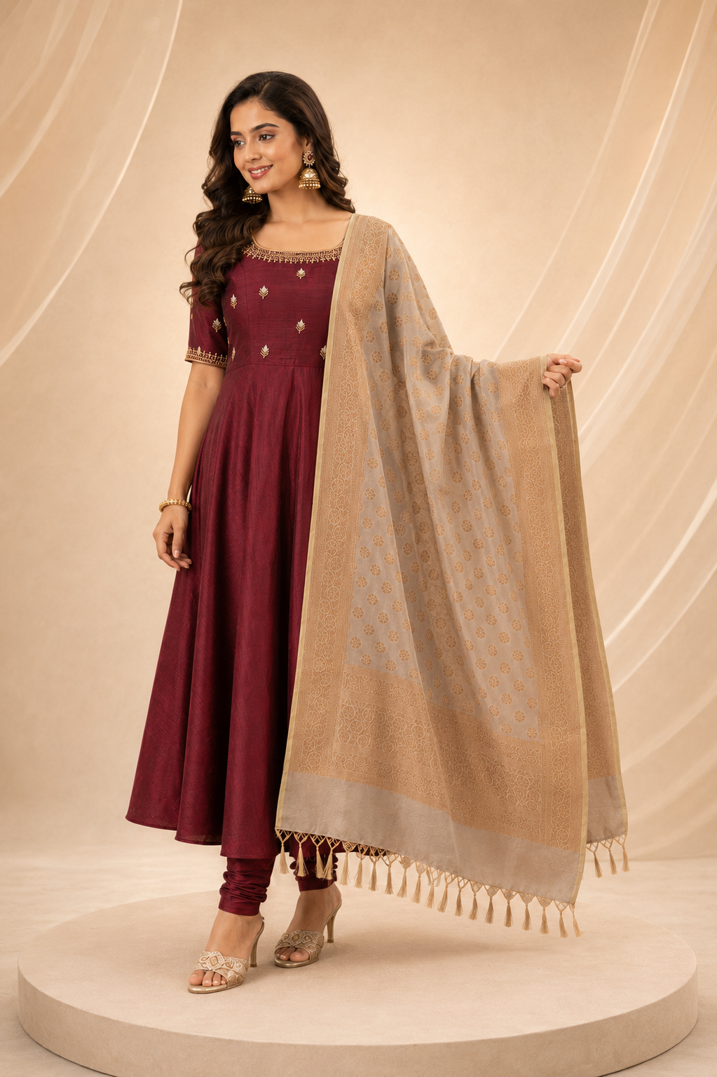 Wine Maroon Anarkali with Beige Gold Dupatta