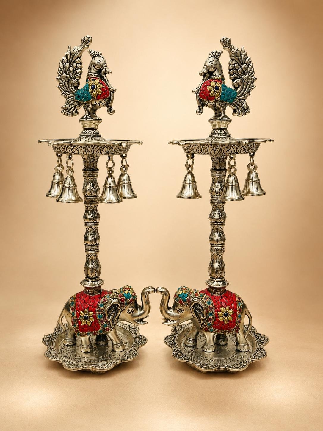 Designer Elephant & Peacock Diya Stand with Hanging Bells (Set of 2)