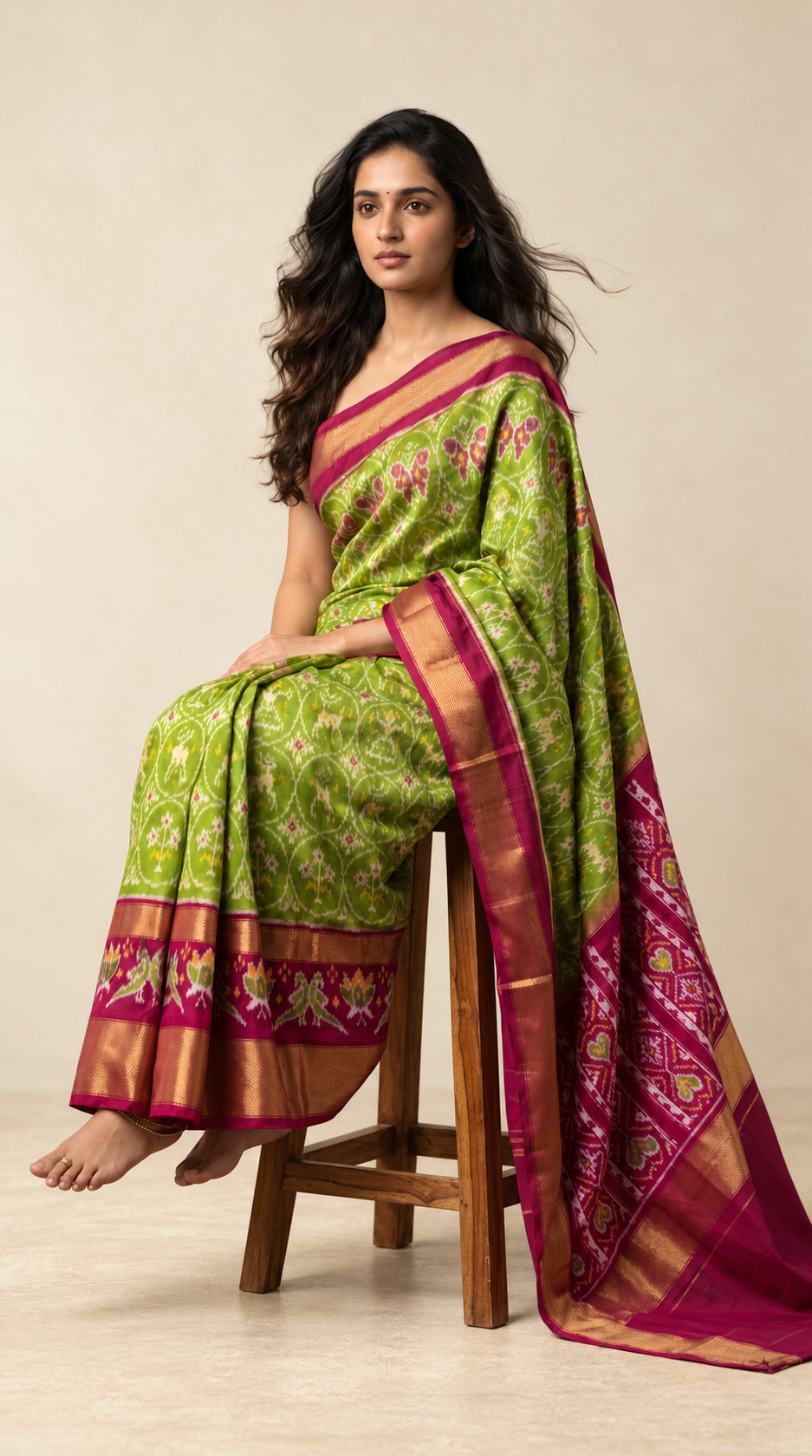 Lime_Green_and_Magenta_Pochampally_Ikkat_Pure_Silk_Saree