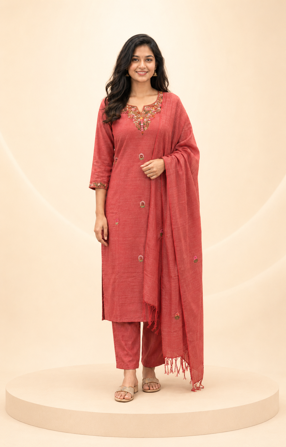 Dusty Coral Floral Embroidered 3-Piece Suit Set