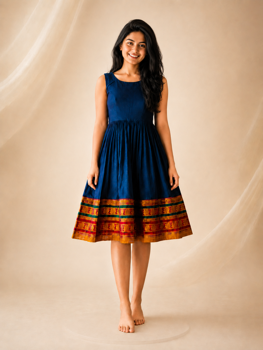 Royal Indigo Narayanpet Handloom Cotton Frock with Zari Border