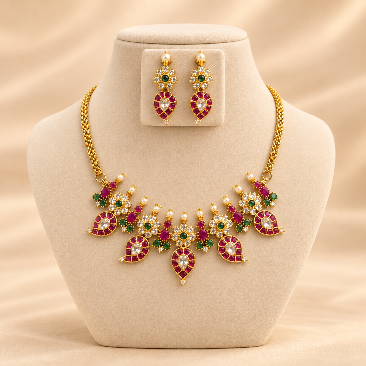 Traditional Ruby and Green stone necklace set