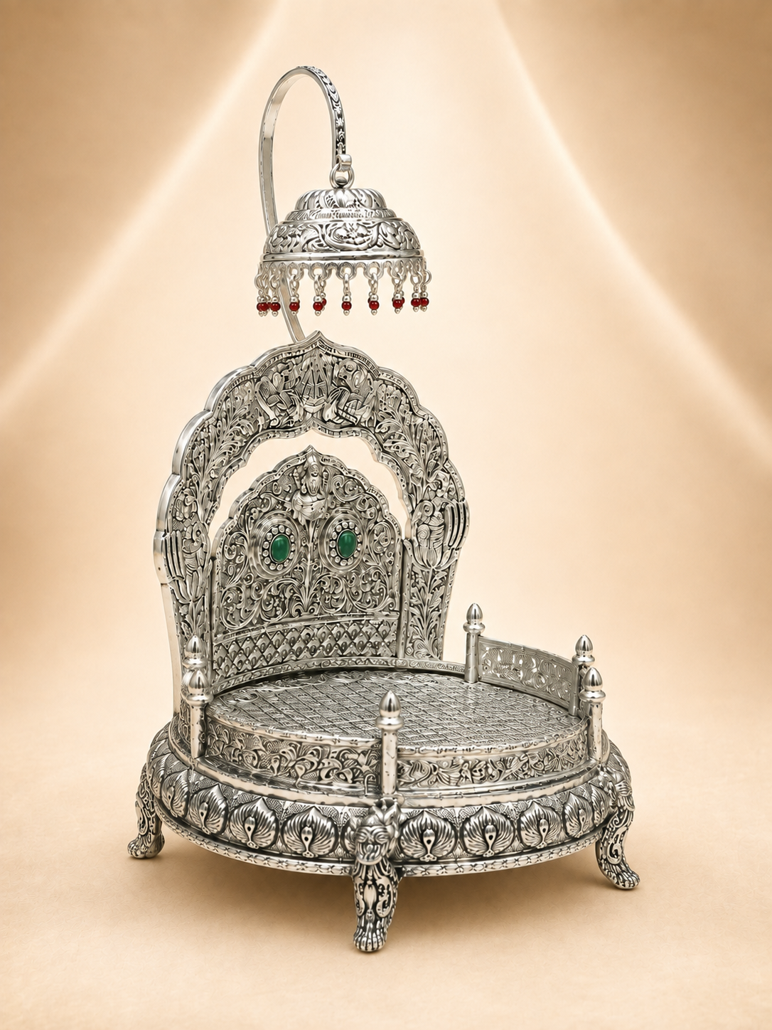 Antique Silver Peacock Mandiram (Singhasan) with Umbrella Canopy