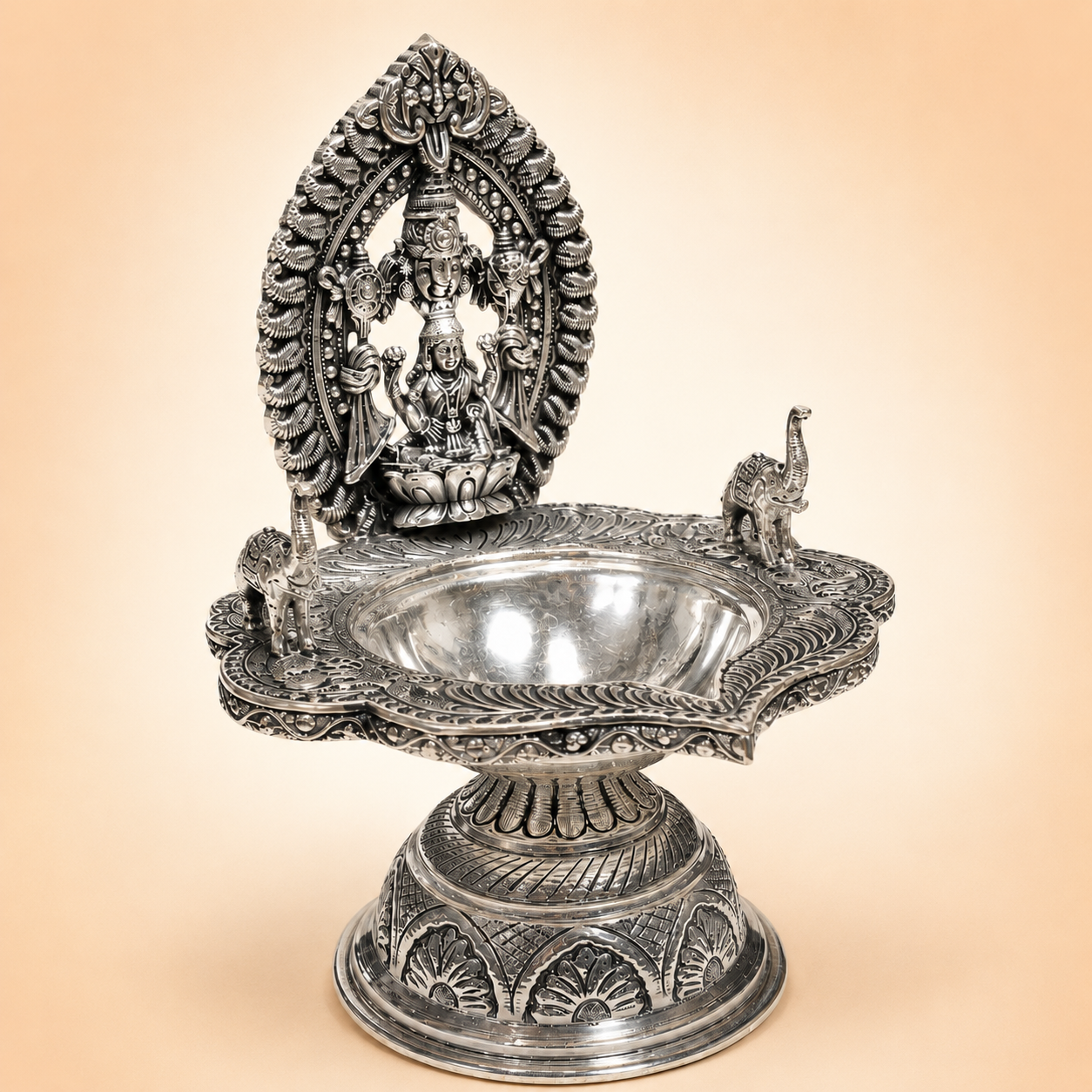 German Silver Lakshmi Balaji Diya Lamp Stand