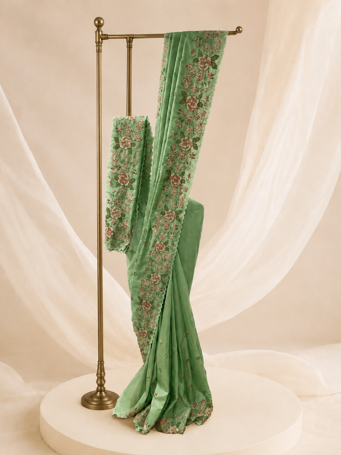 Sage Green Floral Embroidered Saree