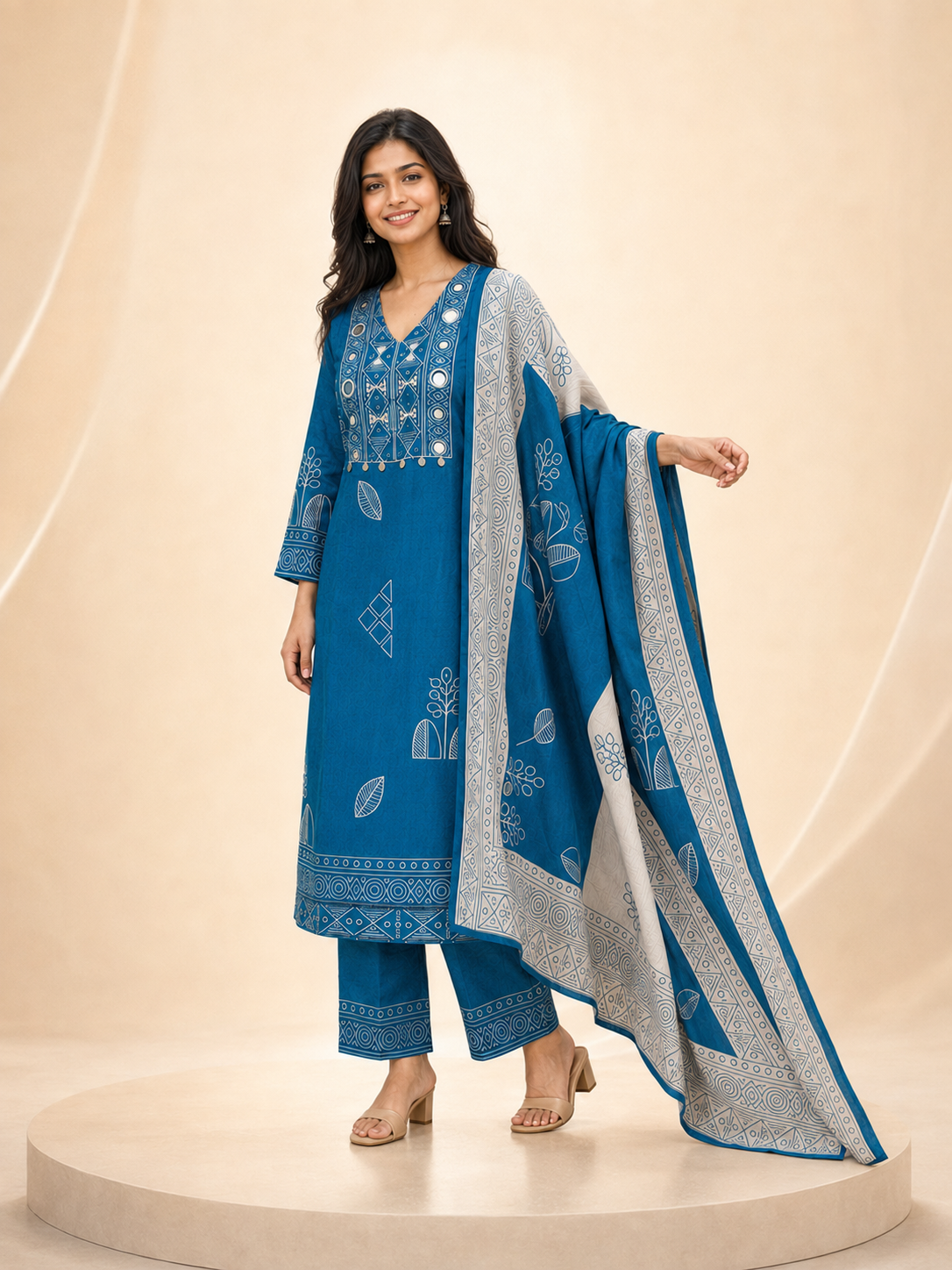 Royal Teal Blue Mirrorwork & Block Printed 3-Piece Silk Suit Set