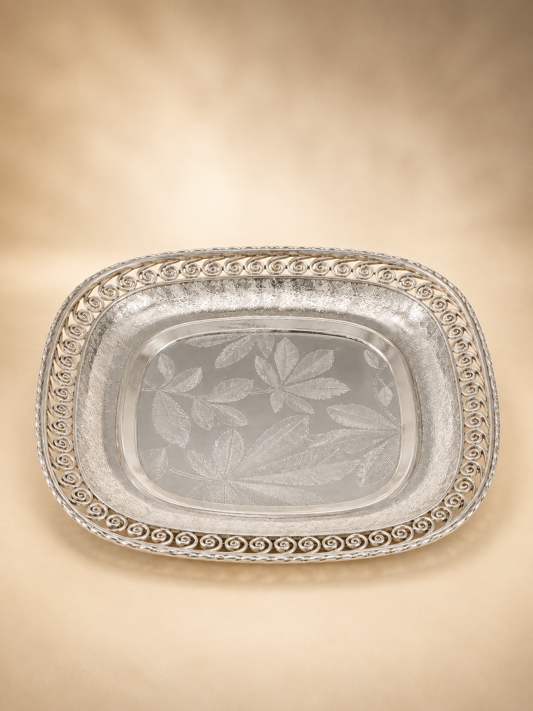 6" Square German Silver Tray - Engraved Leaf Design