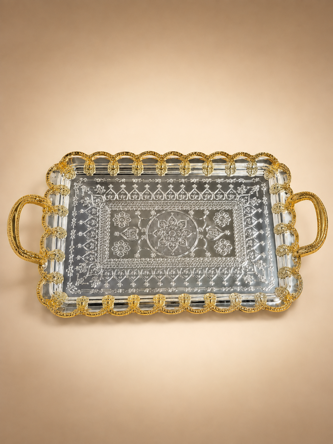 20 Inch Wedding Tray - German Silver with Gold-Tone Handles