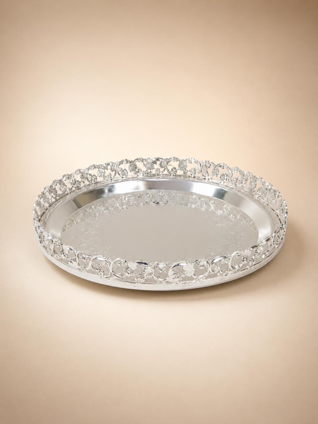 8 Inch Round German Silver Tray - Pierced Floral Border