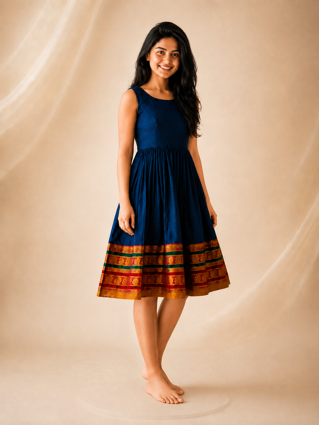 Royal Indigo Narayanpet Handloom Cotton Frock with Zari Border