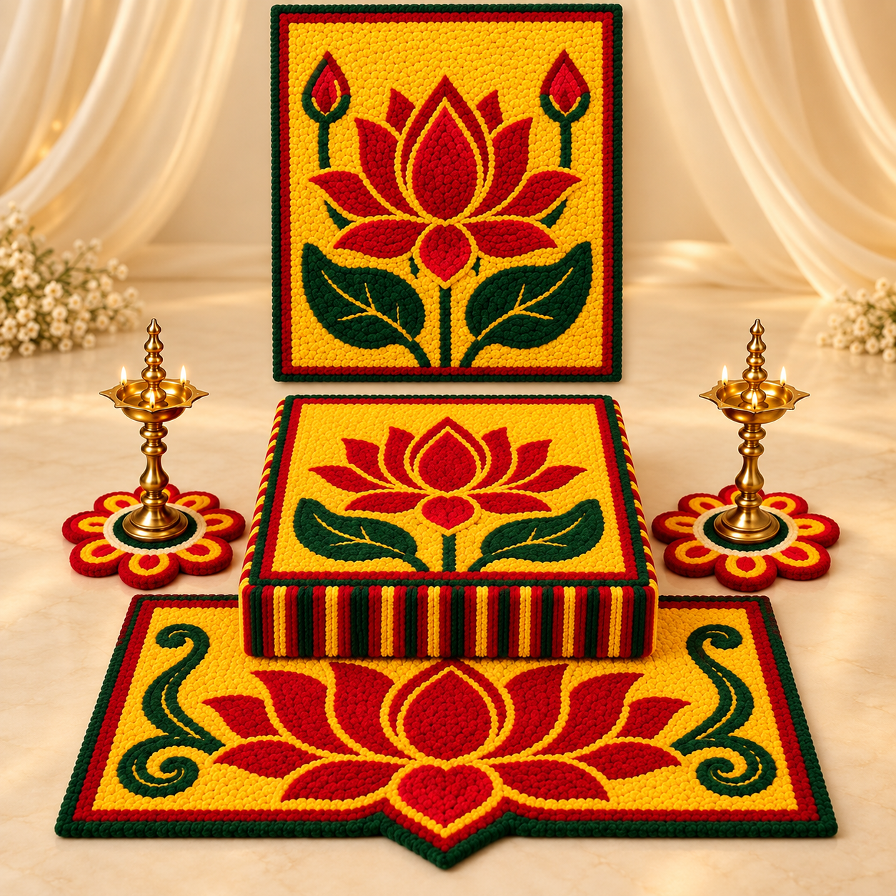 Traditional Red Lotus Pooja Décor Set