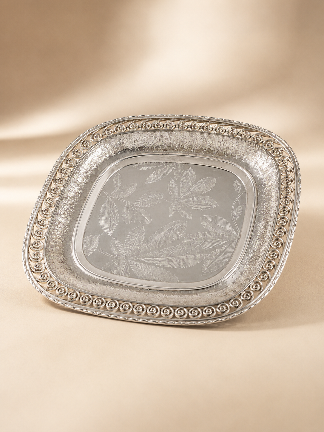 6" Square German Silver Tray - Engraved Leaf Design